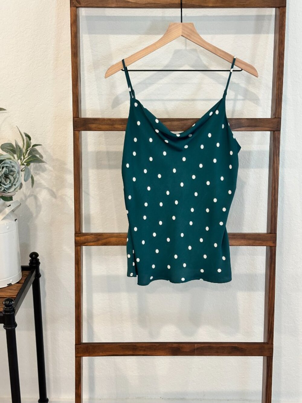 LOFT Teal Polka Dot Cowl Neck Cami Tank Medium Silky Adjustable Strap - Picture 5 of 9